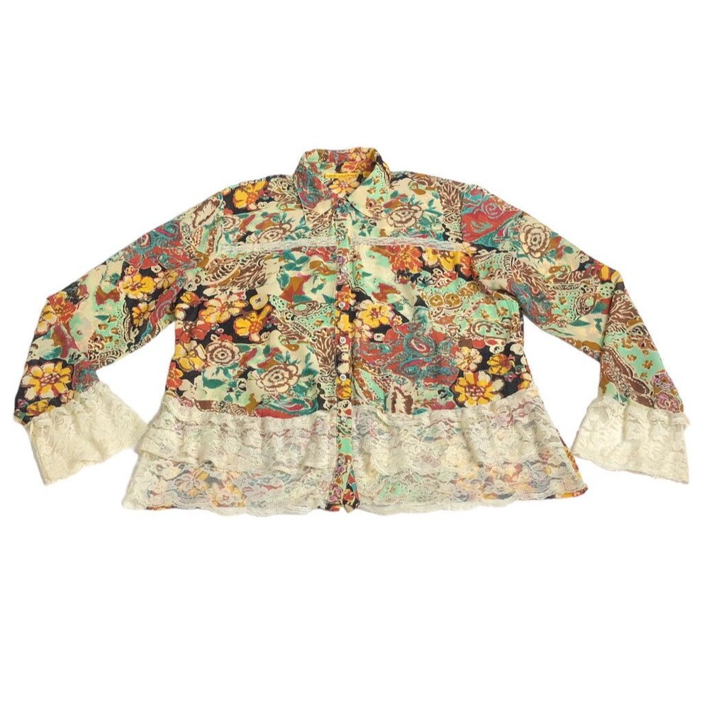 Vintage‎ 90s Y2K Lloyd Williams Top Womens M Floral Lace Hem Cottagecore Boho